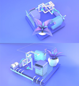 C4D模型卡通抽屉橱柜绿植植物