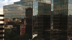 高清航拍城市大厦写字楼近景视频