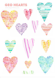 几何爱心图形水彩素材手绘花型