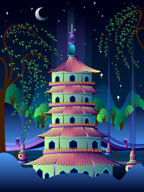 古建筑夜景插画