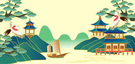 AI矢量国潮亭台春天插画