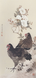 陈之佛国画 蔷薇双鸡