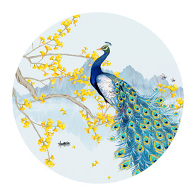 新中式山水银杏蓝色孔雀圆形装饰