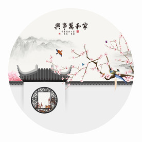 新中式古建筑桃花装饰画