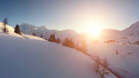 短视频素材冬季日光雪山树林