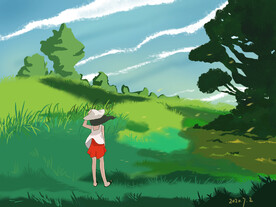 女孩背影风景插画设计