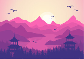 卡通山 河 湖 塔矢量图