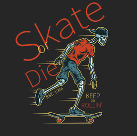 潮流嘻哈风骷髅骨骼滑板T恤印花