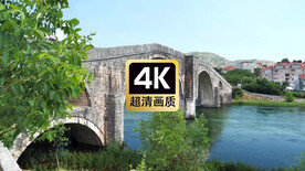 短视频素材村庄古桥下河流