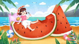 夏日女孩吃西瓜喝冷饮小清新海边