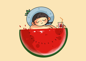 创意西瓜泡澡夏日清凉元素设计