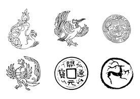 凤凰小鹿铜钱线条图