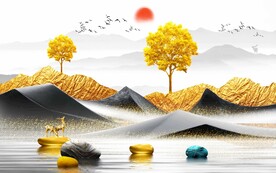 新中式麋鹿山水背景墙