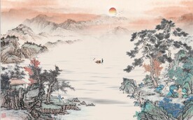 中式青绿山水国画电视背景墙