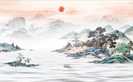中式青绿山水国画电视背景墙