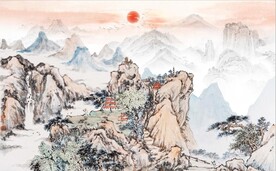 中式青绿山水国画电视背景墙