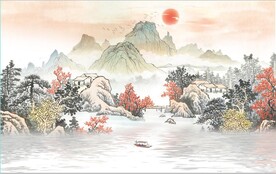 中式青绿山水国画电视背景墙
