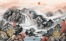 中式青绿山水国画电视背景墙
