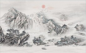 中式青绿山水国画电视背景墙