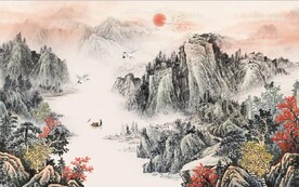 中式青绿山水国画电视背景墙