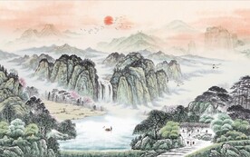 中式青绿山水国画电视背景墙
