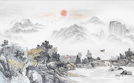 中式青绿山水国画电视背景墙