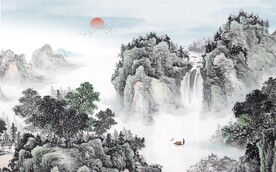 中式青绿山水国画电视背景墙