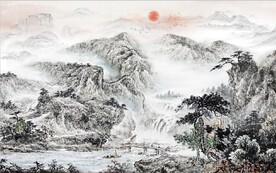 中式青绿山水国画电视背景墙