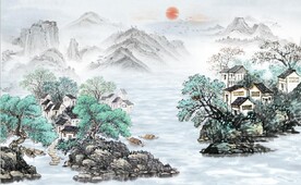 中式青绿山水国画电视背景墙