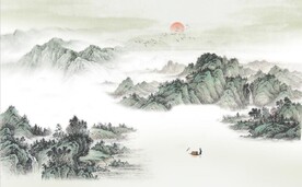 中式青绿山水国画电视背景墙图