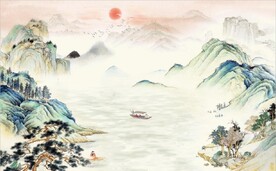 中式青绿瀑布山水国画电视背景墙
