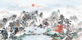 中式青绿瀑布山水国画电视背景墙