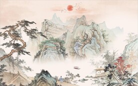 中式青绿瀑布山水国画电视背景墙
