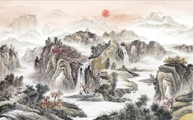 中式青绿瀑布山水国画电视背景墙