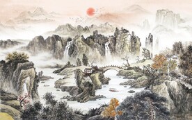 中式青绿瀑布山水国画电视背景墙