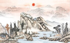 中式青绿瀑布山水国画电视背景墙