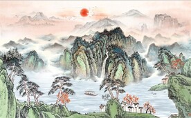 中式青绿瀑布山水国画电视背景墙