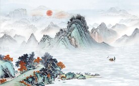 中式青绿瀑布山水国画电视背景墙