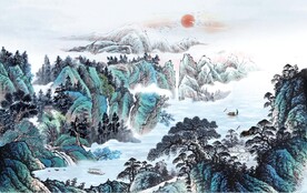 中式青绿瀑布山水国画电视背景墙