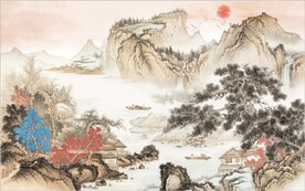 中式青绿瀑布山水国画电视背景墙