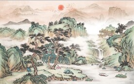 中式青绿瀑布山水国画电视背景墙
