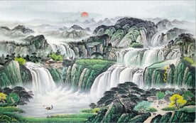 中式青绿瀑布山水国画电视背景墙