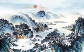 中式青绿瀑布山水国画电视背景墙