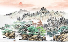 中式青绿瀑布山水国画电视背景墙