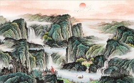 中式青绿瀑布山水国画电视背景墙