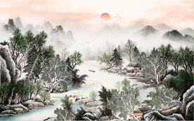 中式青绿瀑布山水国画电视背景墙
