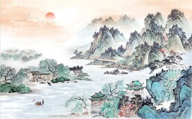 中式青绿瀑布山水国画电视背景墙