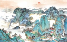 中式青绿瀑布山水国画电视背景墙