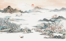 中式青绿瀑布山水国画电视背景墙
