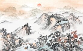 中式青绿瀑布山水国画电视背景墙